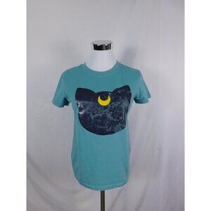 Crescent Moon Cat T-Shirt Womens Small Teal Graphic Shirt Galaxy Tee